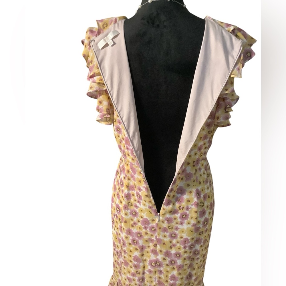 WAYF Daphne pink and yellow floral print midi ruffle dress. MED. COTTAGECORE - Picture 7 of 16